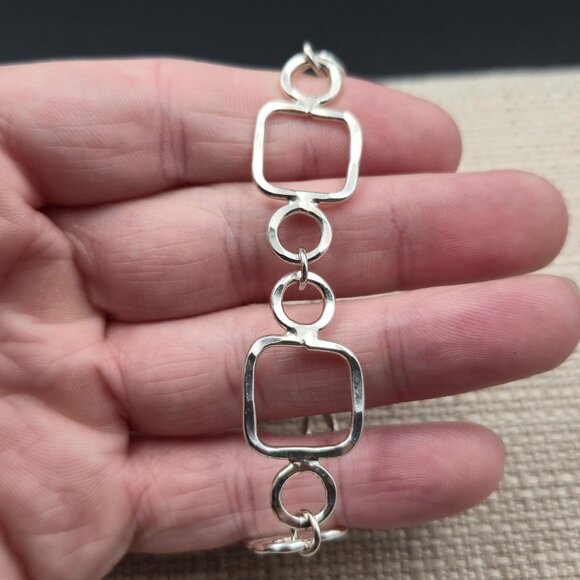 7 Inch Sterling Silver Squares And Circles Handmade Bracelet B912 - Picture 3 of 6